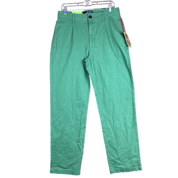 Houston White Mens Pants Green Chinos Single Pleated Wide Leg 100% Cotton 32x32 - Picture 1 of 12